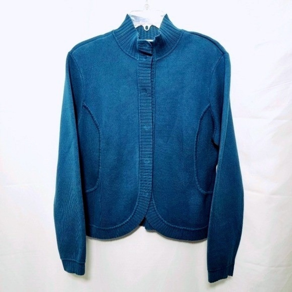 Talbots Women Blue Teal Cotton Knit Sweater Snap-up Cardigan